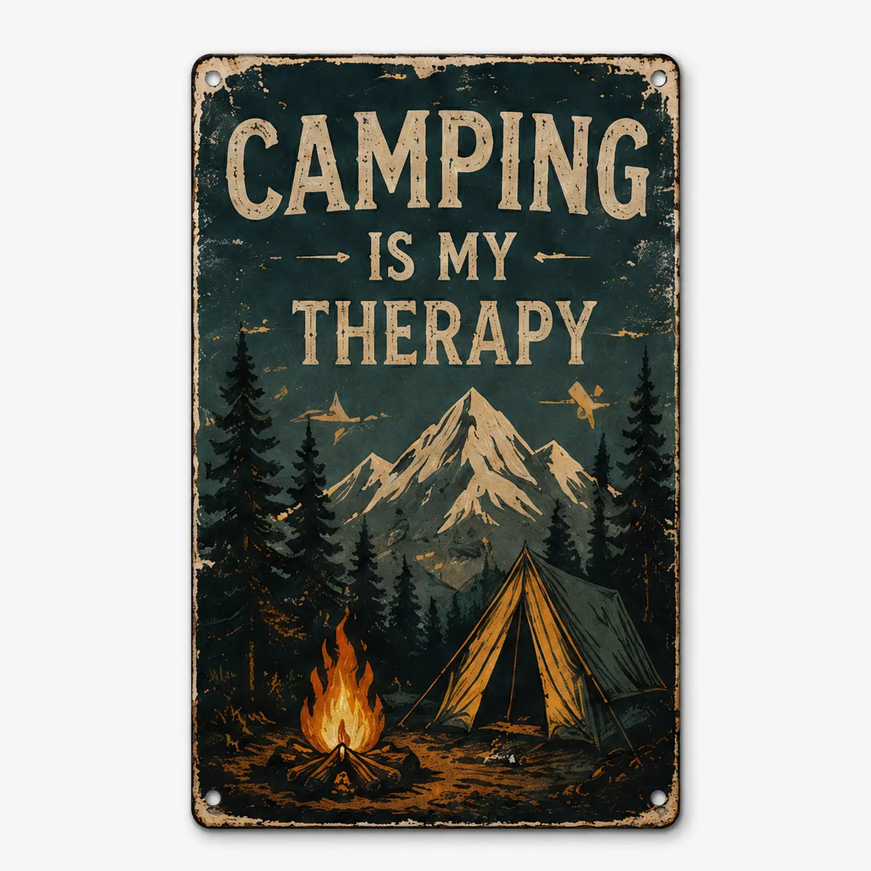 8x12inch Camping Is My Therapy Metal Sign, Vintage Mountain Campfire and Tent Wall Decor, Rustic Aluminum Plaque with Pre-Drilled Holes for Camper, RV, Cabin, Garage, Man Cave, Outdoor Adventure and Camping Lover Gift