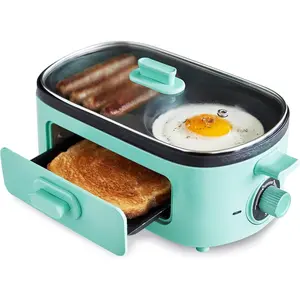 3-in-1 Breakfast Maker Station, Healthy Ceramic Nonstick Dual Griddles for Eggs Meat Sausage Bacon Pancakes and Breakfast Sandwiches, 2 Slice Toast Drawer, Easy-to-use Timer, Turquoise