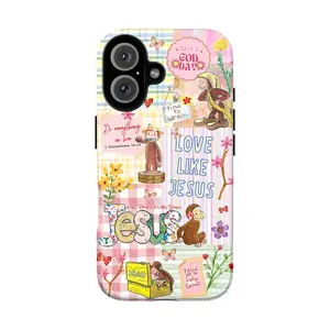 Cute Spring Floral Curious Monkey Phone Case for IP 17 16 15 14 13 12 11 Pro Max XR Xs, Nostalgia Cartoon Curious George Aesthetic Phone Case for Christian, Playful George Monkey Tough Case, GOD Religious/Bible Verse Phone Case, Cute Gift for her/women