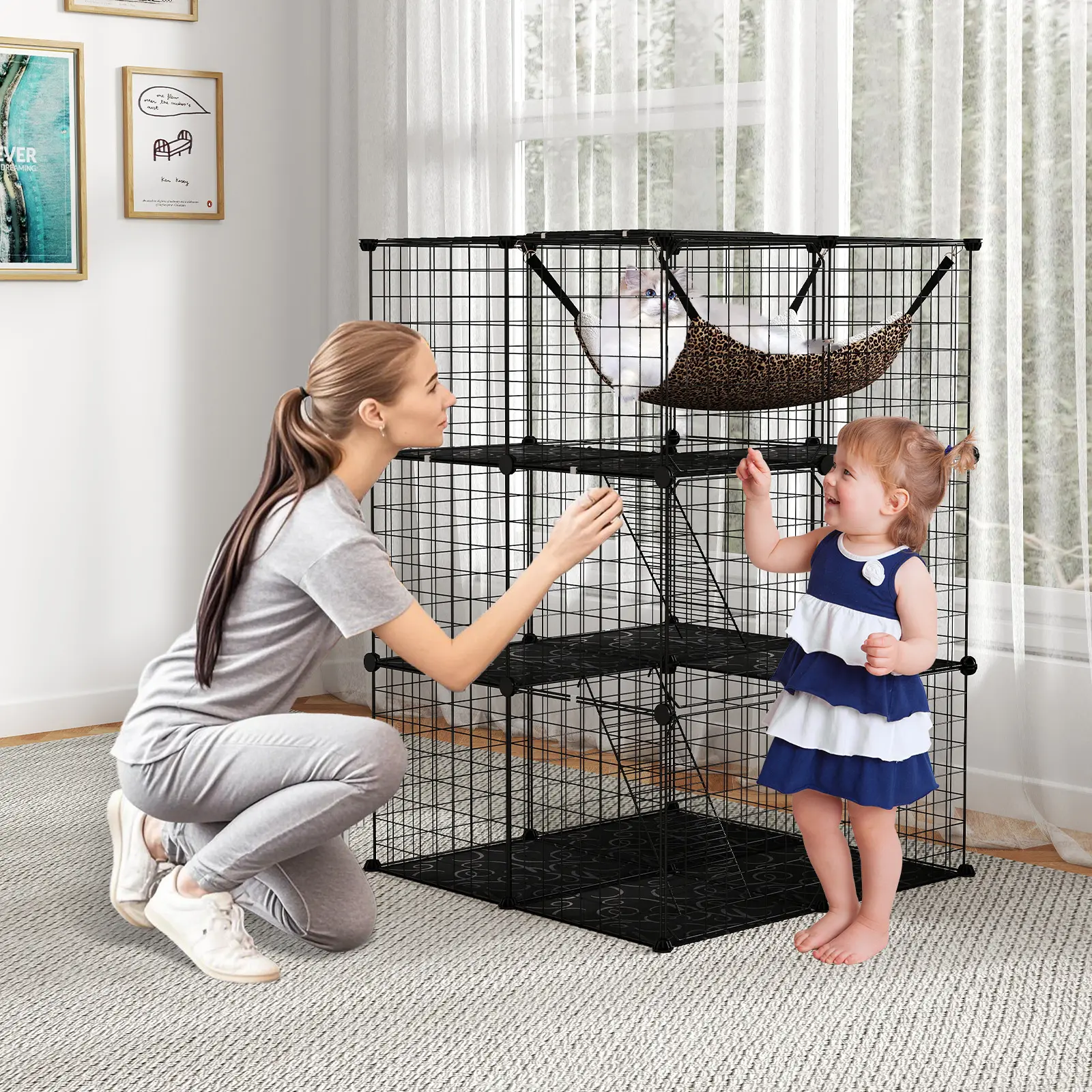 COSTWAY - Indoor Cat Cage 3-Tier Cat Enclosure Detachable Metal Wire Kennel-Black COSTWAY - Indoor Cat Cage 3-Tier Cat Enclosure Detachable Metal Wire Kennel-Black