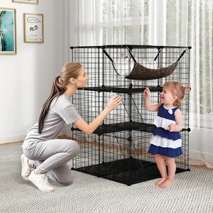 COSTWAY - Indoor Cat Cage 3-Tier Cat Enclosure Detachable Metal Wire Kennel-Black