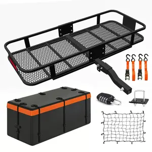 ARCH Heavy Duty Steel Folding Hitch-Mount Cargo Carrier, 500 lbs Max Load, 60in(L)x20in(W)x6in(H) Fold-Up Trailer Luggage Basket with Stabilizer, Waterproof Bag, Net, Ratchet Straps, Combination Lock for SUV, Pickup - Storage Organization, Easy Setup