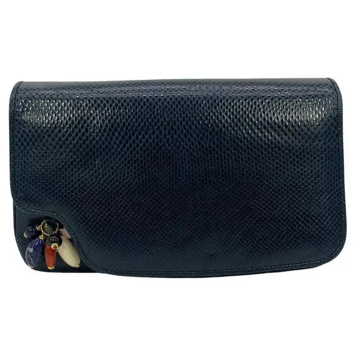 Pre-owned Judith Leiber Couture Lizard Leather Clutches & Wristlets Judith Leiber Navy Lizard Gemstone Beaded Clutch