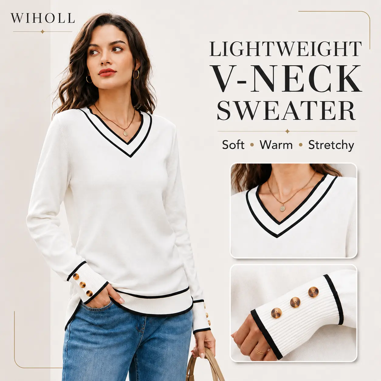 WIHOLL Women's Casual V-Neck Knit Sweater, Relaxed Fit Long Sleeve Lightweight Top with Decorative Button Cuffs, Knitwear, Tops, Longsleeves, Basics, Style, Multi-Size, Soft Drape, Relaxed Length, Chic Women's Pullovers