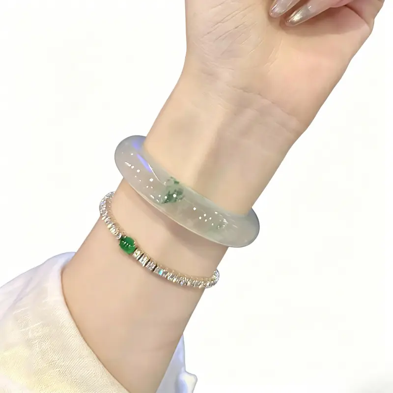 Girl's High-Quality Burmese Ice Jadeite Bangle - Exquisite High Quality Bracelet, Real Jade, Midsummer Night Cherry Blossom Floral Pattern, Transparent Aqua Color, Rare Stone Collectible Cultural Jewelry, Exquisite Bracelet, Jade Bracelet
