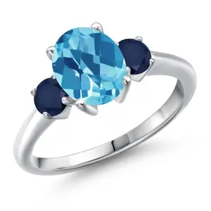 Gem Stone King 925 Sterling Silver Gemstone Birthstone and Blue Sapphire 3-Stone Engagement Ring for Women | Oval 9X7MM and Round 4MM | Three Stone Wedding Anniversary Promise Ring | Sizes 5, 6, 7, 8, 9