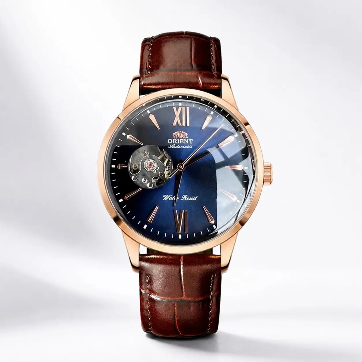 Men's Skeleton Automatic Mechanical Watch - Rose Gold Case, Blue Dial, Genuine Leather Strap, Business-Casual Fashion Wrist Watch