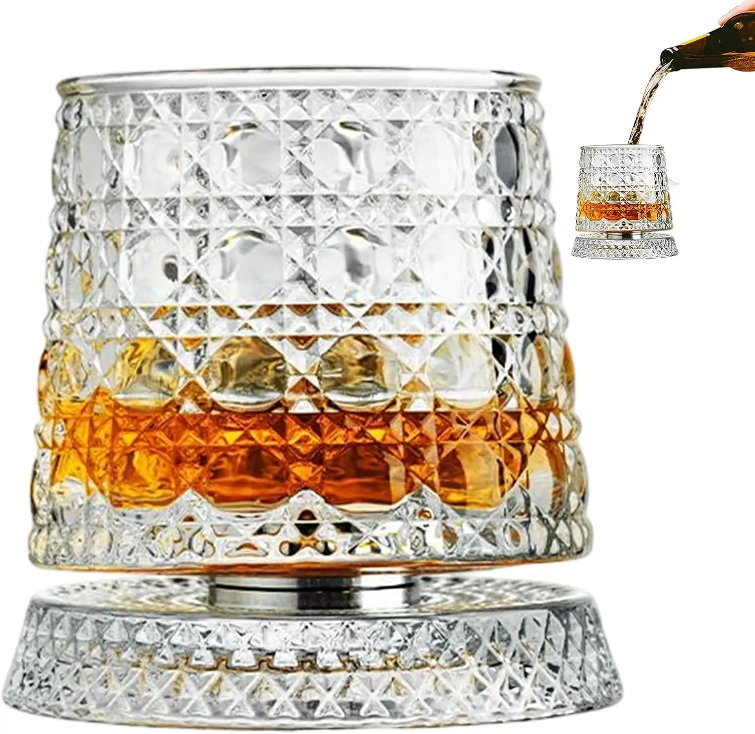 Lead-Free Premium Crystal Whiskey Glass Tumbler - 360-Degree Rotates, Stress Relief Base, Tumbler Shape, for Bourbon Drink - Unique Gift for Dad (Father's Day, Birthday)
