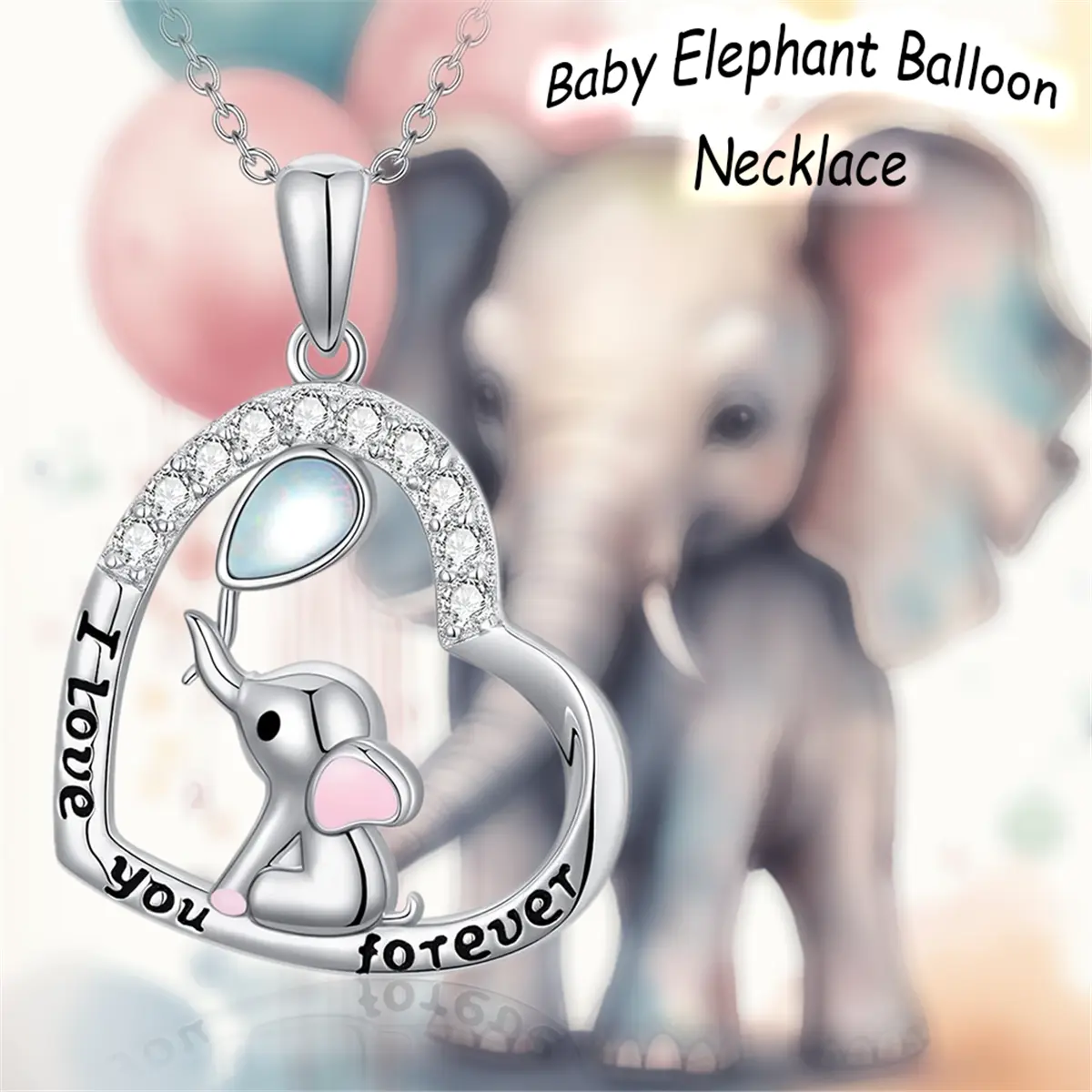 Baby Elephant Pendant Necklace for Women, Cute Heart Balloon Animal Jewelry with Pink Ears, Lucky Holiday or Birthday Gift, Animals