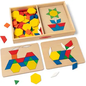 Pattern Blocks and Boards with 120 Multi-Colored Wooden Shape Tiles, 5 Double-Sided Puzzle Boards, Tangram Puzzles, Montessori Toys for Girls & Boys