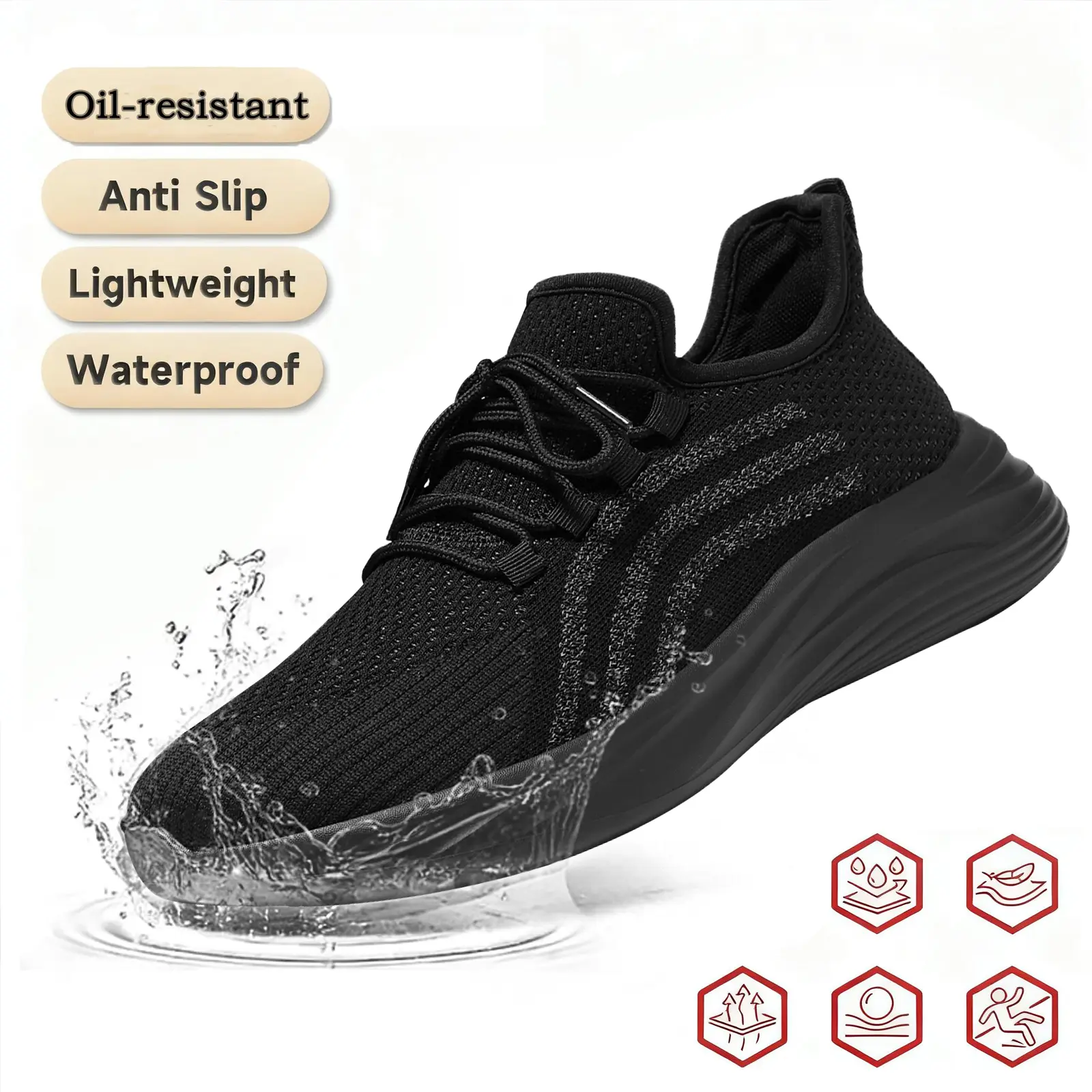 Men's Fashion Minimalist Black Work Shoe - Wide Round Toe, Cotton Waterproof Upper, Slip-Resistant Rubber Sole, Soft for Kitchen Workers, Water Resistant, Slip On, Athletic, Stars, Flexible, All Seasons, Casual, Walking Shoes, Footwear, Woven Fabric, Kitc