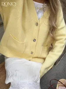 Women's V Neck Knit Cardigan, French Casual Style, Soft and Skin-Friendly, Lightweight Warm, Fitted Long Sleeve, All Seasons, Knitwear