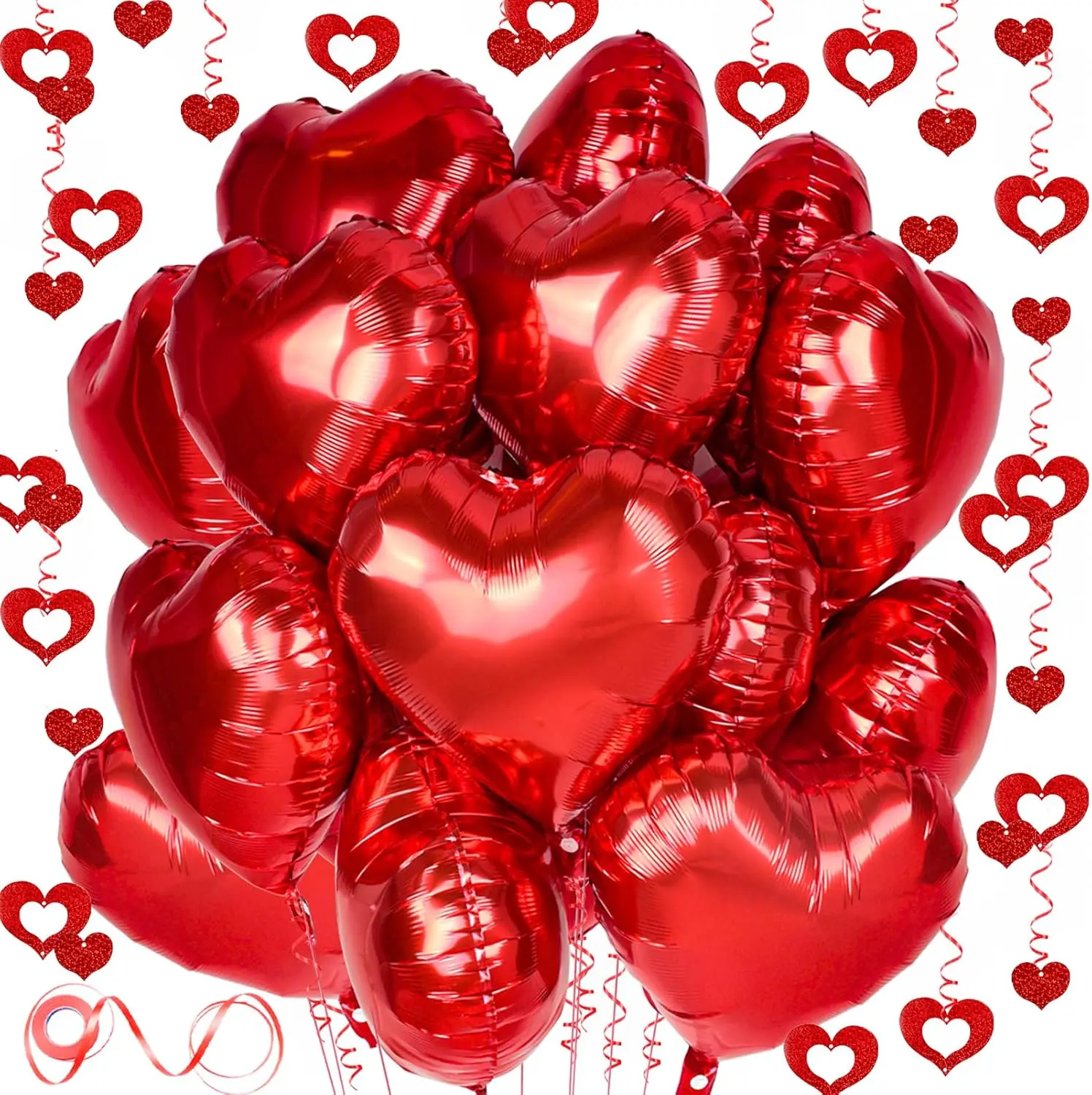 24PCS Red Heart Balloons 18 Inch Foil Love Balloons with 50PCS Heart Hanging Streamers – Valentine’s Day, Wedding, Birthday & Proposal Party Decorations
