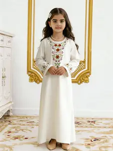 Girls Muslim Style Modesty Long Dress Floral Embroidery V Neck Long Sleeve Comfortable Breathable Holiday Party Photography