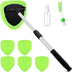 Car Windshield Cleaning Tool, Interior & Exterior Window Cleaner with Extendable Handle and 4 Reusable Microfiber Pads, Auto Glass Wiper Brush Kit for Home, Office, and Vehicles