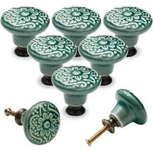 6 Floral Ceramic Pull Handles Set, Single Hole with Installation Screws, Durable for Cabinets, Drawers, Doors, Furniture, Wardrobes