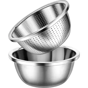 Colander 304 Stainless Steel 3-quart with Mixing Bowls, Strainer for Kitchen Food For washing vegetables, fruit, rice, Dishwasher Safe. (2PC)