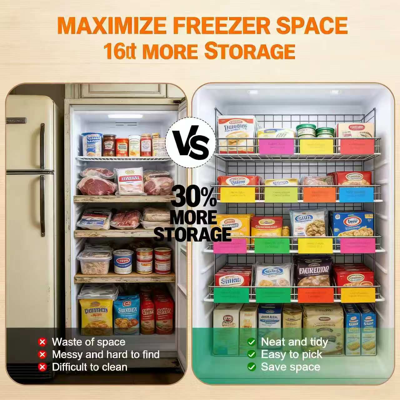 StowCraft Upgraded Freezer Organizer Bins 4 Pack MAX Capacity Stackable Baskets for 5/7 Cu.FT Deep Freezers Sturdy Rust-Proof Metal 15.1"x8"x7" Airflow-Friendly Cooling Foldable Handles Open Wire Design