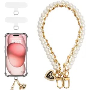 Beaded Pearls Phone Lanyard Wrist Strap for Phone Case, Detachable Phone Wristlet with Tether Tab, Hands-Free Phone Charm Bracelet Strap for Women, Gold & White