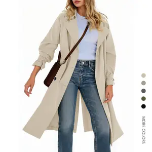 Danedvi Lady's Fashion Long-Sleeve Solid Double-Breasted Classic Lapel Oversized Windproof Trench Overcoat with Adjustable Belt, Stylish Fabric Outerwear