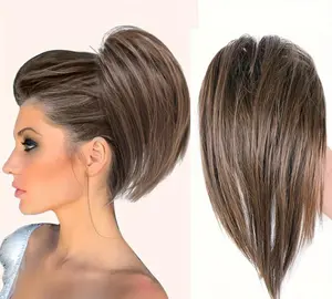 Women's straight hair short hair high ponytail hair clips fluffybun wig updo hair clips wig accessory dark brown wavy hair bun