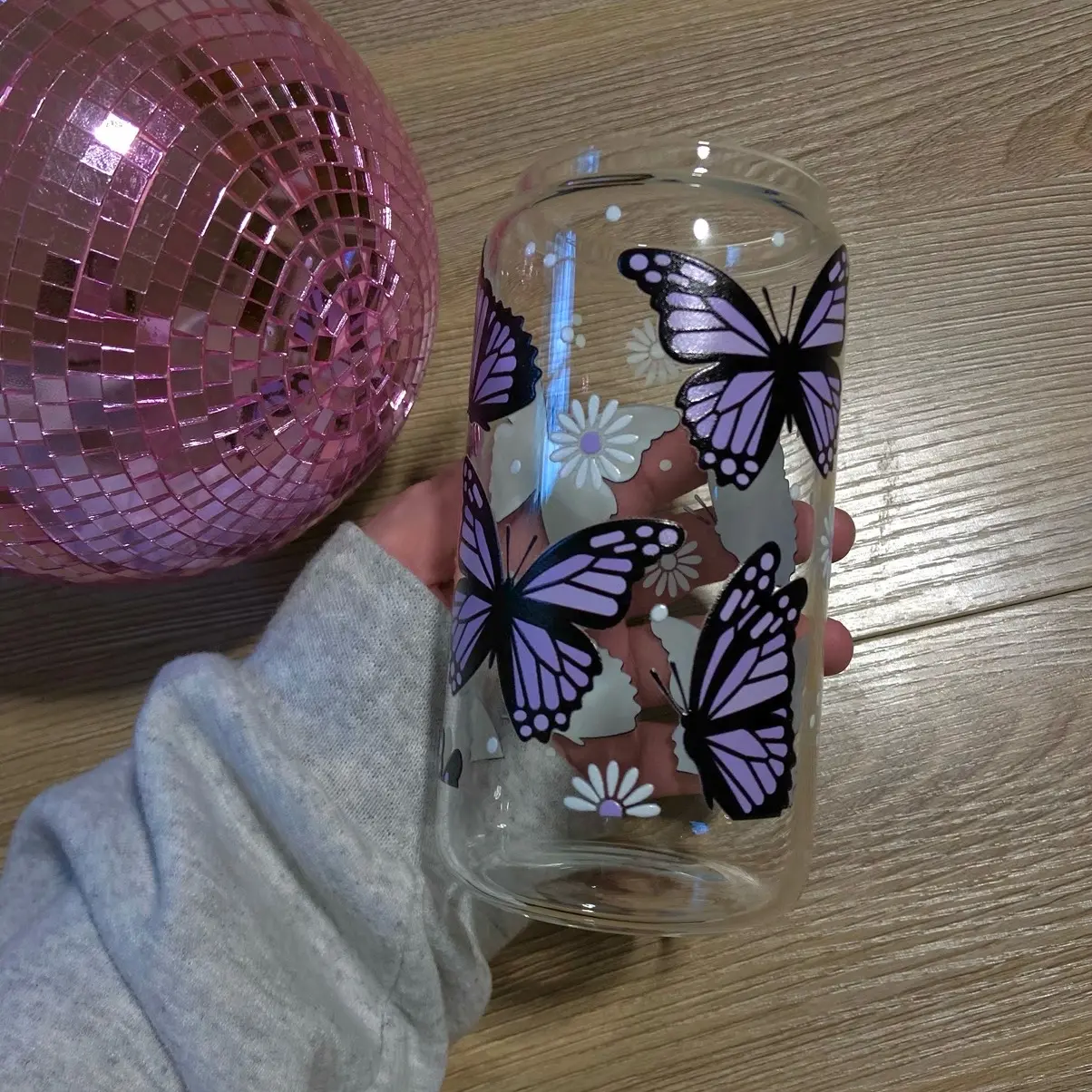 Purple Butterfly Glass Cup Drinkware