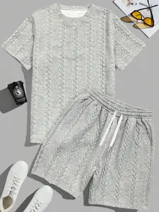 Two-Piece Set Men's Solid Textured Round Neck Tee & Shorts Set, Regular Fit Fitted Crew Neck Short Sleeve T-Shirt & Track Shorts, Casual Sporty Summer Clothes Set for Outdoor