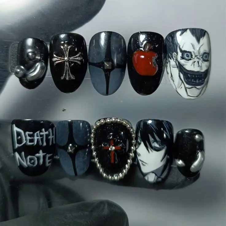 Dark Anime Inspired Press On Nails Gothic ADeather AnNoter Black Red Shinigami 3D Charm Handmade Reusable Almond Fake Nails with Free Adhesive Tabs Nail File & Cuticle Stick