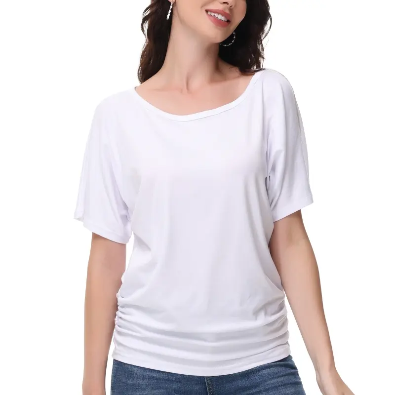 Women's Basic Batwing Sleeve Tunic Top, Solid Color Boat Neck Pullover with Side Shirring for Comfortable Casual Wear, Classic Design Elements, Flare Design