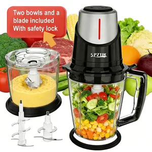 SPZTJK Electric Food Processor Meat Grinde  – 2 Bowls (food storage containers), 2 Blades, Safety Switch & 2-Speed. Ideal for veggies, meat, salads, nuts, baby food. BPA-free, dishwasher safe. Perfect for home kitchens & gifts.