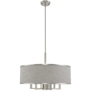 7 Light Brushed Nickel Pendant Chandelier with Hand Crafted Gray Fabric Hardback Shade