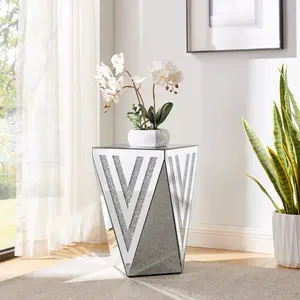 Silver Mirrored End Table, Crystal Decor Side Table Accent Table for Living Room (13.8'' x 13.8'' x 21.6'', Hexagon)