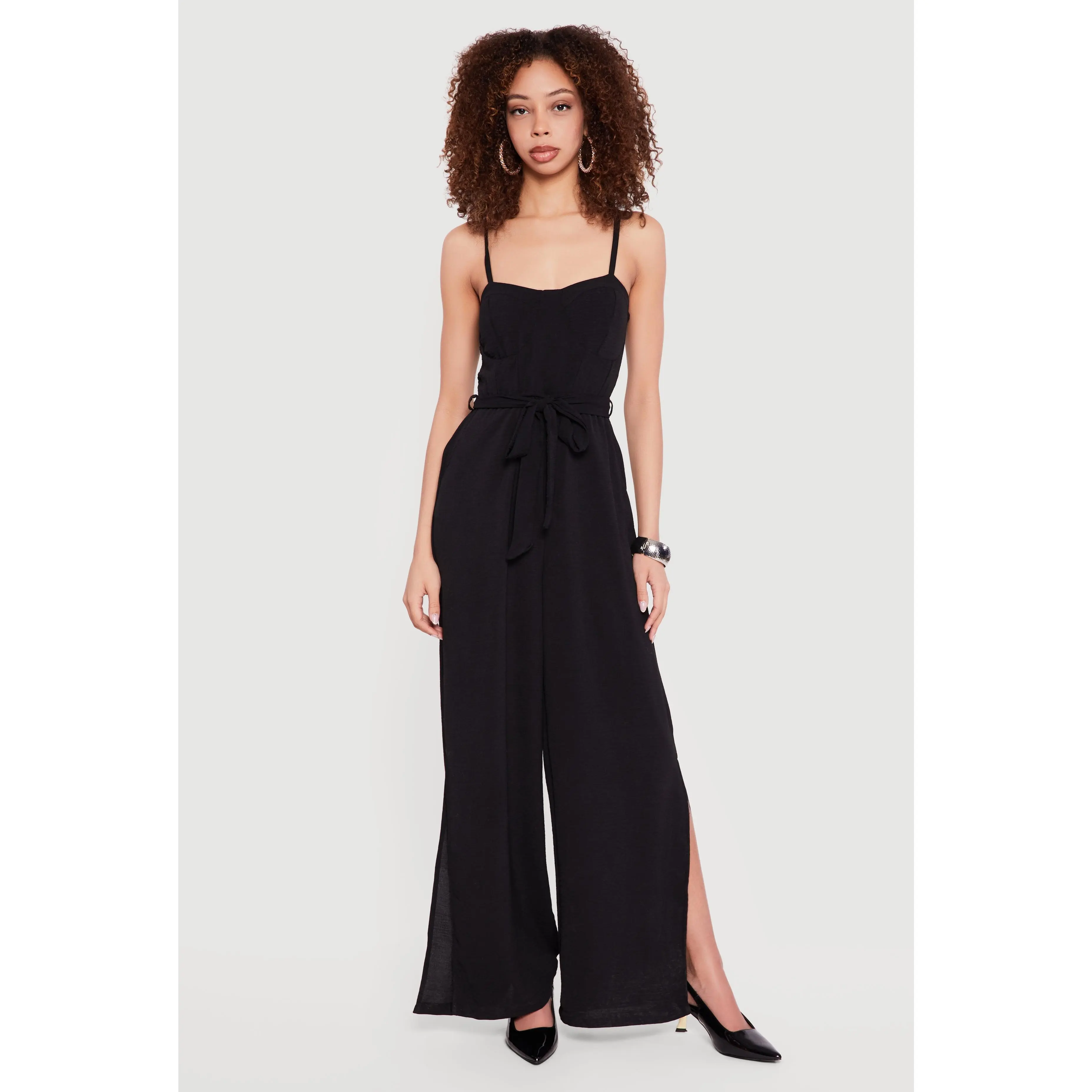 Crepe Knit Tie Waist Belted Side Slit Bustier Jumpsuit