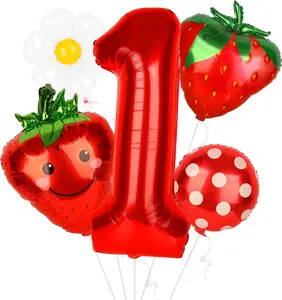5Pcs Berry First Birthday Party Supplies 40 Inch Red One Balloon for Sweet One Birthday Party Decorations Strawberry Foil Helium Balloons Garland Kit Aluminum