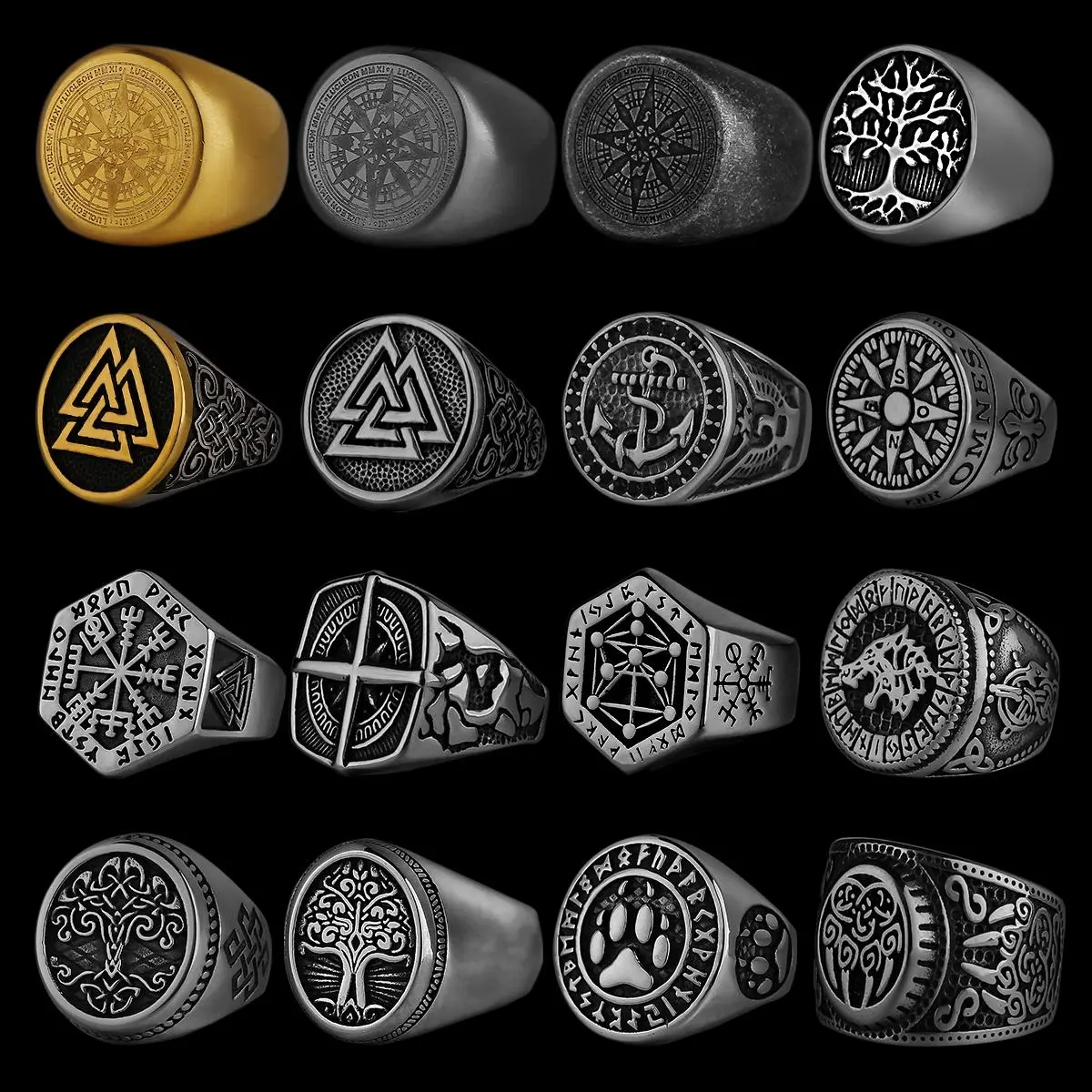 Nordic Viking Stainless Steel Ring Anchor Compass Tree of Life Viking Rune Wolf Men and Women Ring Jewelry Factory