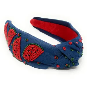 Hand Beaded Watermelon Denim Knot Headband