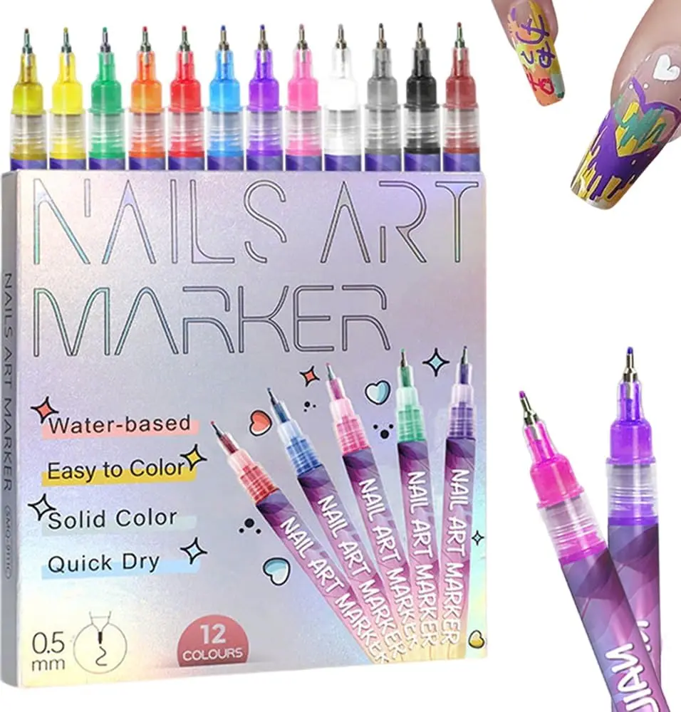 Twelve Colors Nail Art Pens Set for 3D Nail Art Quick-Drying Waterproof Markers with Fine Tip for Precision Detailing & Easy Cleaning DIY Manicure Tools