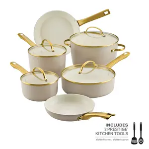 12-Piece Forged Induction Ceramic Nonstick Cookware Set with Gold Accents - Aluminium Frying Pan & Cooking Pan Set with Lids, Includes 2 Prestige Kitchen Tools