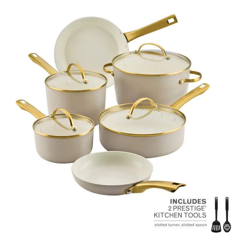 12-Piece Forged Induction Ceramic Nonstick Cookware Set with Gold Accents - Aluminium Set with Lids, Saucepan, Frying Pan, Ceramic Coating, 2 Prestige Kitchen Tools