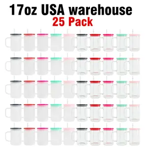 25pack(sold by case),Wholesale blank sublimation clear and frosted 17oz camper mug with colorful plastic lid for UV dtf wraps Kitchenware Bottle