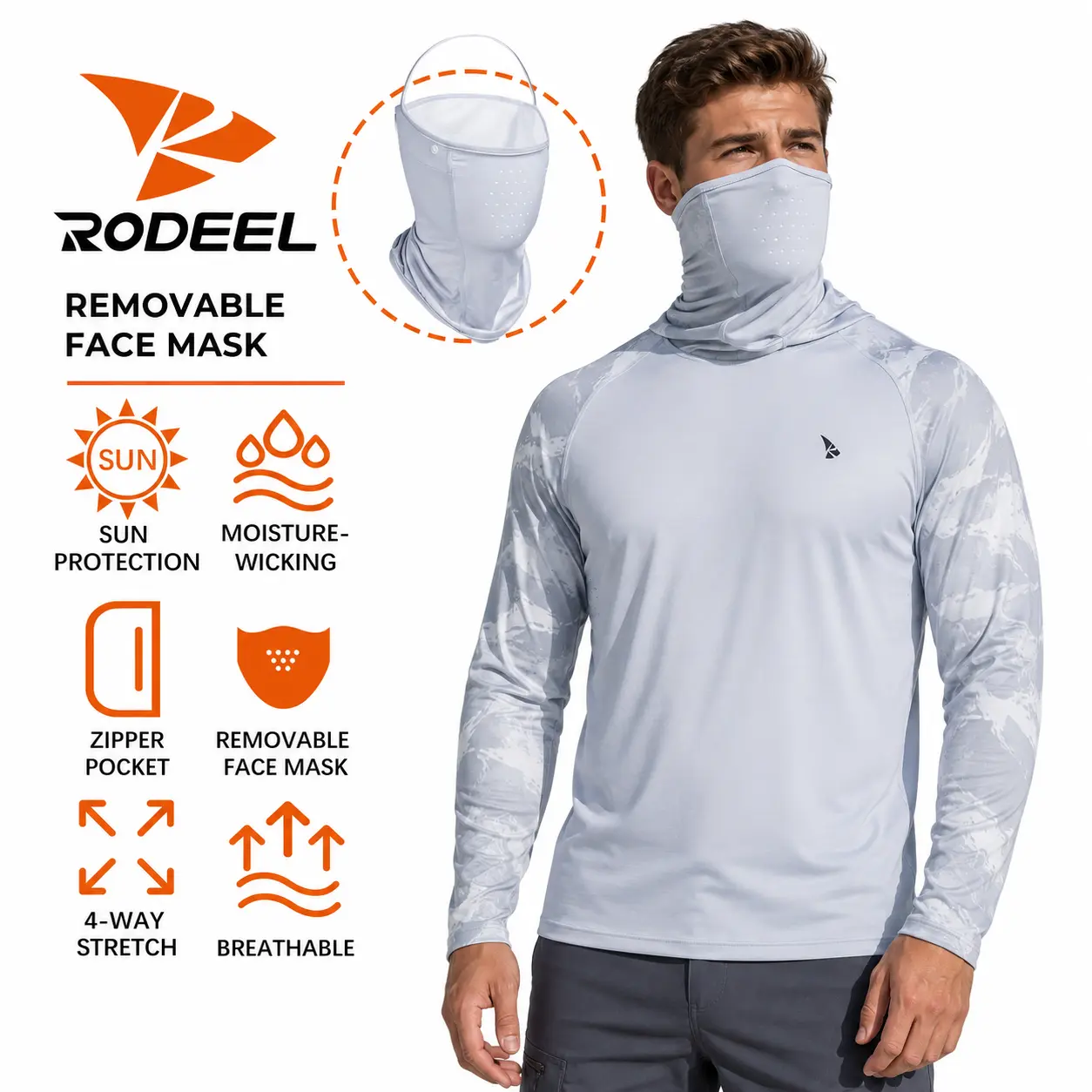 【RODEEL】931 Sun Hoodie Shirts w/ Removable Mask Neck Gaiter Men UPF 50+ UV Protection Long Sleeve Lightweight Quick Dry Moisture Wicking Breathable Activewear for Outdoor Sport Hiking Camping Fishing Construction Roofing SummerWins
