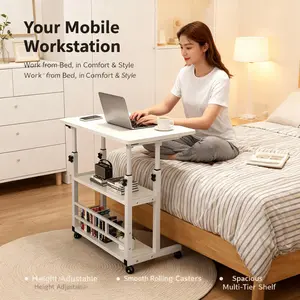 Desk Folding Study Desk With Pulley, Adjustable Height, Large Desktop, Laptop & Bedside Table For Students - Portable Metal Frame With Shelf, Ideal For Bedroom, Living Room, Outdoor Office Use