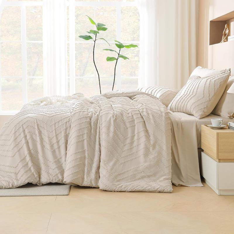 California King Comforter with Beige - 7 a Bag Cal King Cream Boho Tufted Complete Beddding Sets with Comforter,, Pillowcases  Shams