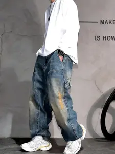 Men's Y2K Washed Denim Jeans, Trendy Patchwork Ripped Straight Leg Pants, Loose Fit Casual Slimming Street Style, All Seasons