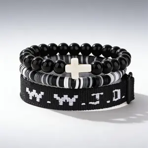 Christian Cross WWJD Bracelet Set WWJD Braided Rope Bracelet Cross Crystal Beads Stretch Bracelets Religious Christian What Would Jesus Do Handmade Woven Wristbands Bracelet