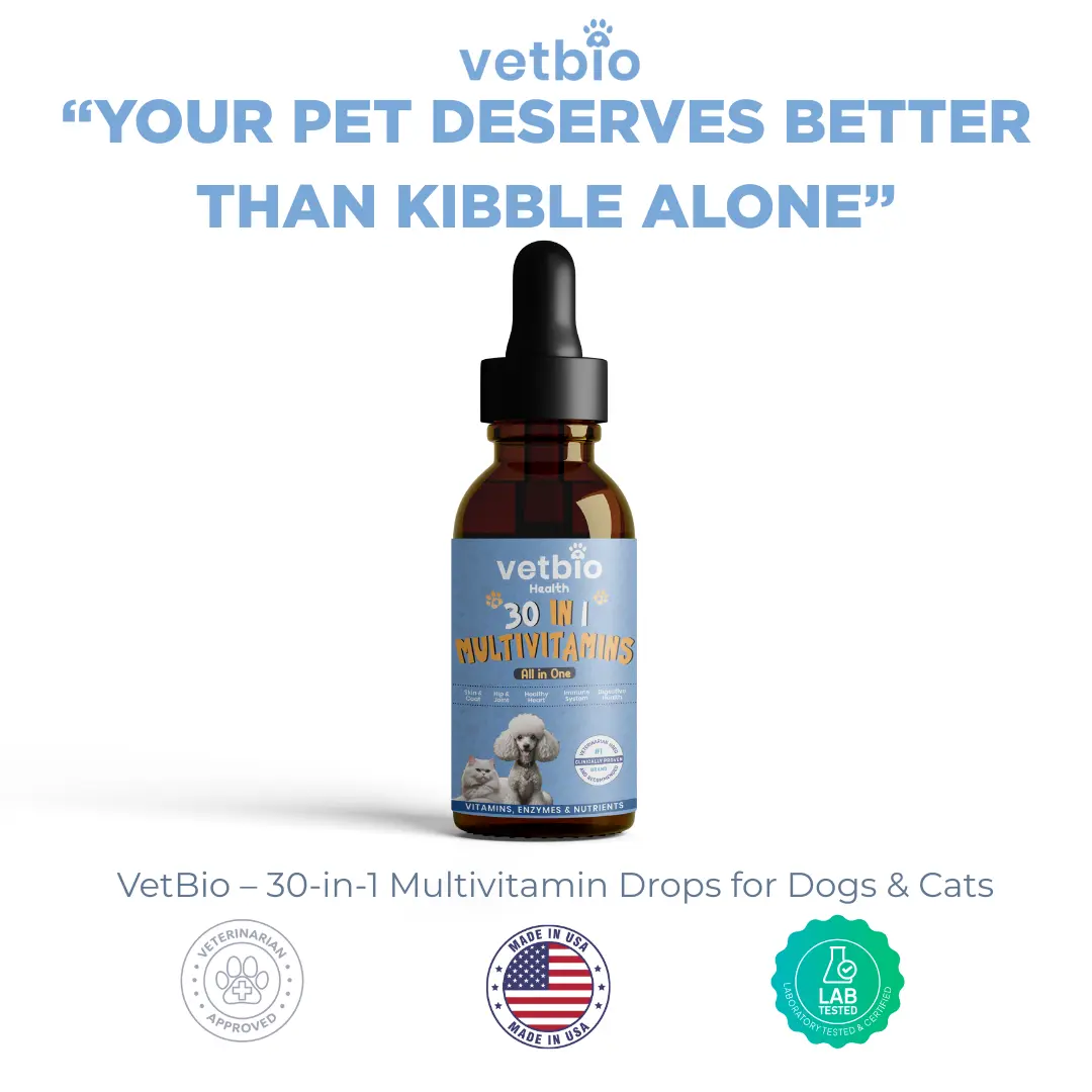 TikTokShop Black Friday - VetBio 30-in-1 Multivitamin Drops for Dogs & Cats | Liquid Formula with 30 Nutrients for Skin & Coat, Joints & Hips, Gut & Immune Support, Heart Health, with Probiotics & Natural Oils for All Ages & Breeds