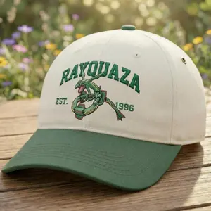 Rayquaza Custom Poke Anime Embroidered Vintage Hat Personalized Character Baseball Cap 100% Cotton Adjustable Strap Durable Embroidery Unisex Gift for Her & Him