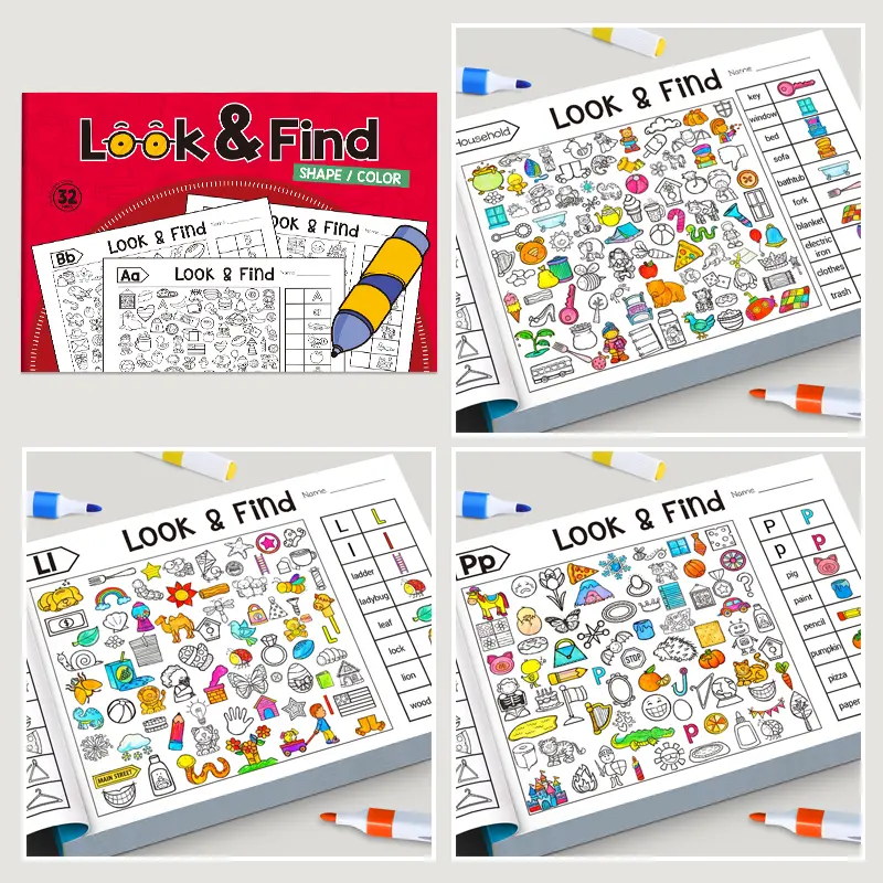 Educational Find-It Game Book, Shape Color Recognition, 32 Pages Focus Training Picture Book, Visual Learning Tools, Preschool Learning Materials (Edition), Paper Book