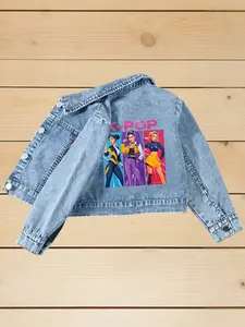 Girls' Fashion Kpop Cartoon Denim Jacket, Casual Outerwear, Girls' Gift, Stylish Kpop Print, Suitable for All Seasons, Stylish Holiday Outfits for Kids Spring Break Vibes