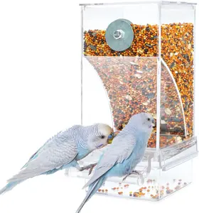 Automatic Bird Feeder Toy No Mess for Parakeets & Lovebirds with Perch Acrylic Transparent Seed Container Cage Accessory for Small Medium Birds